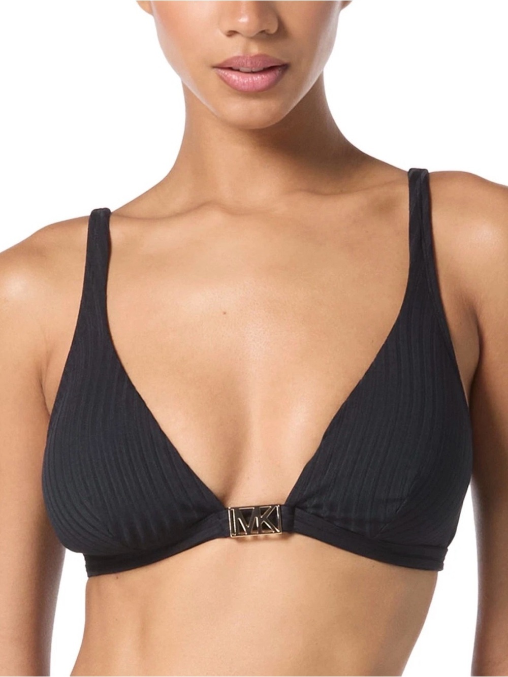 Michael Kors Women's Ribbed Hardware V-Neck Bikini Top, Black/ Size (XS). R9C